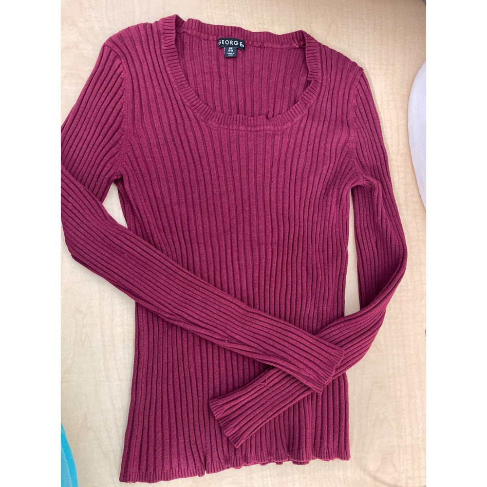 George Womens Burgundy Ribbed Knit Scoop Neck Long Sleeve Sweater Large 12-14